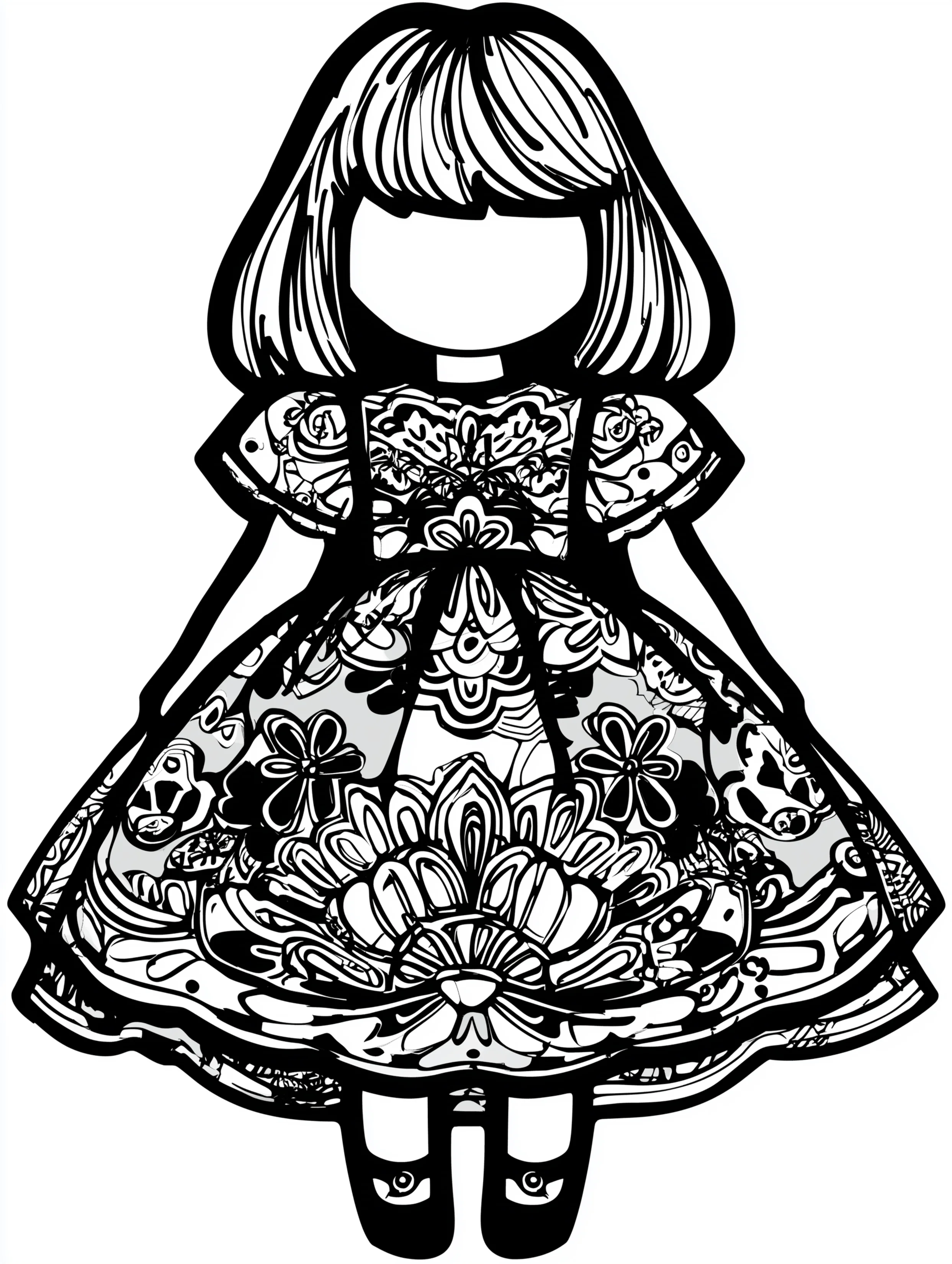 Free printable dress coloring page for adults featuring a doll-style dress